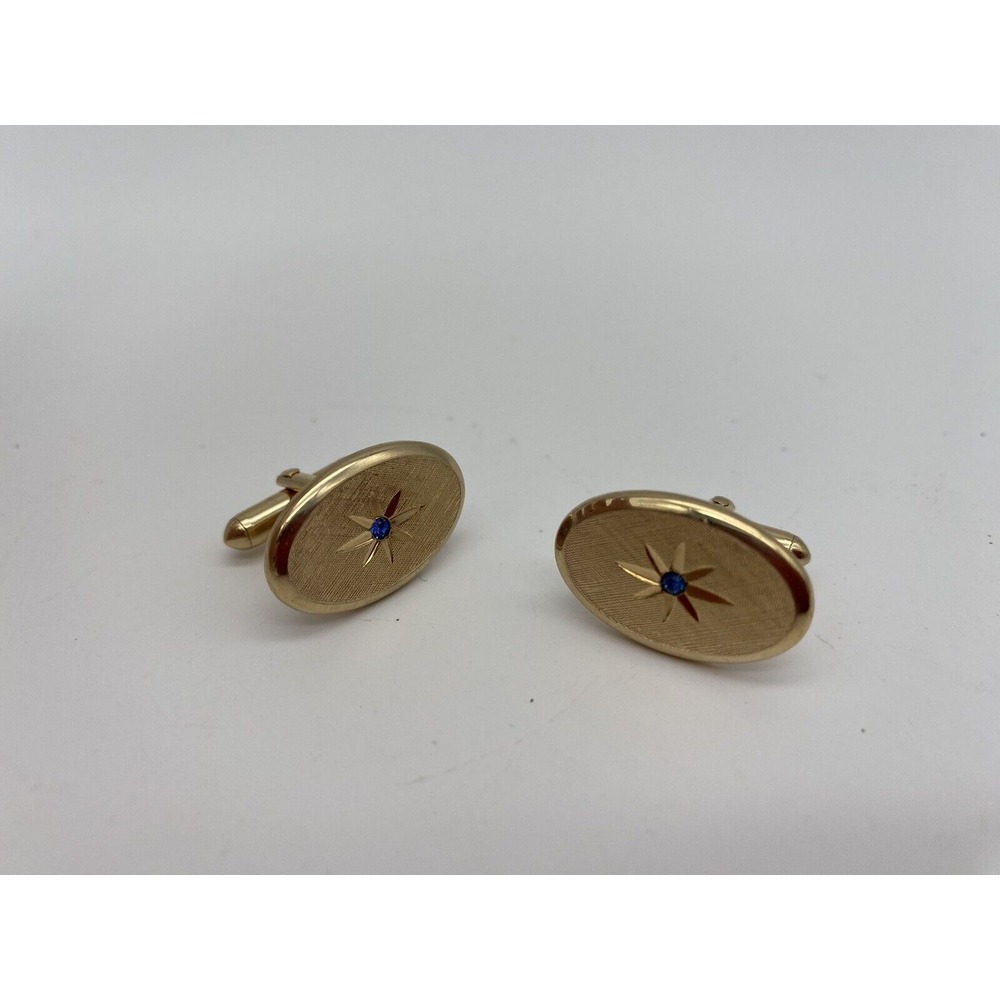 VTG AVON Star Etched Cufflinks With Blue Rhinestone Gold Tone‎ Oval